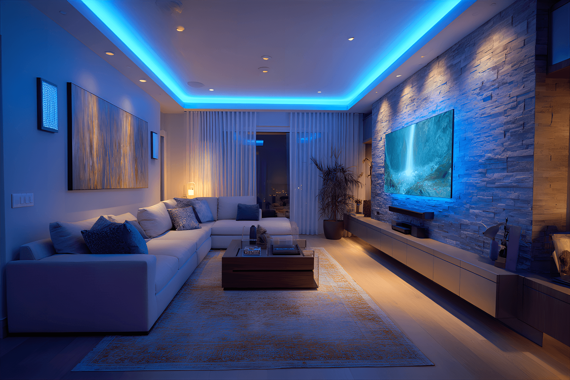AI generated: photography, the room blends clean lines, organic textures and smart technology, embodying modern in...
