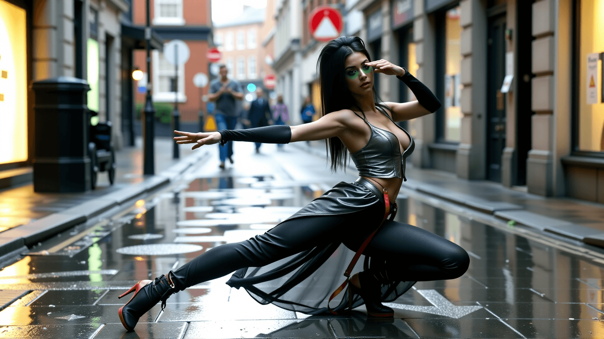 AI generated: A full-body shot of a single urban fae (a slender figure with glowing emerald eyes, in stylish, almo...