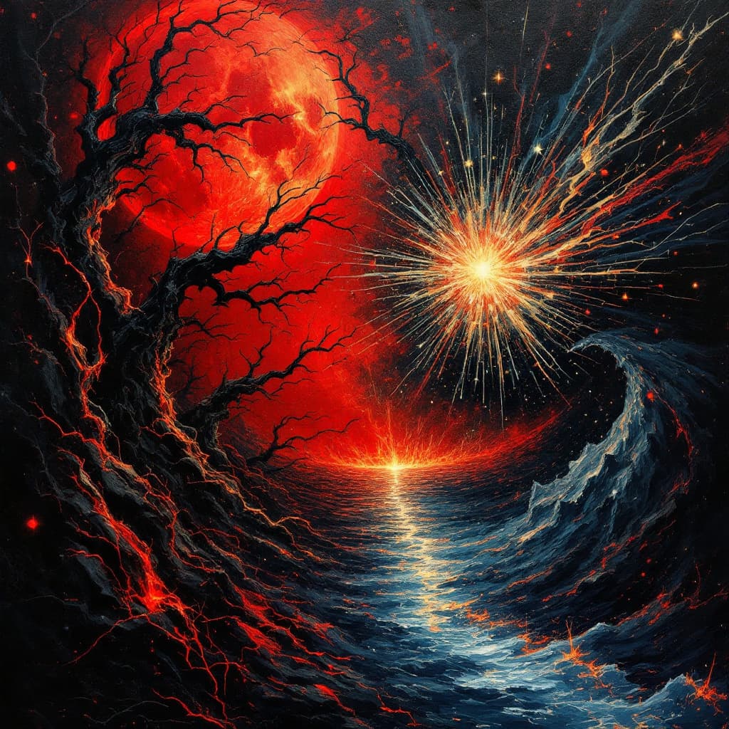 AI generated: On the left side of the composition, a dark, abstract masterpiece unfolds, drenched in deep reds, bl...