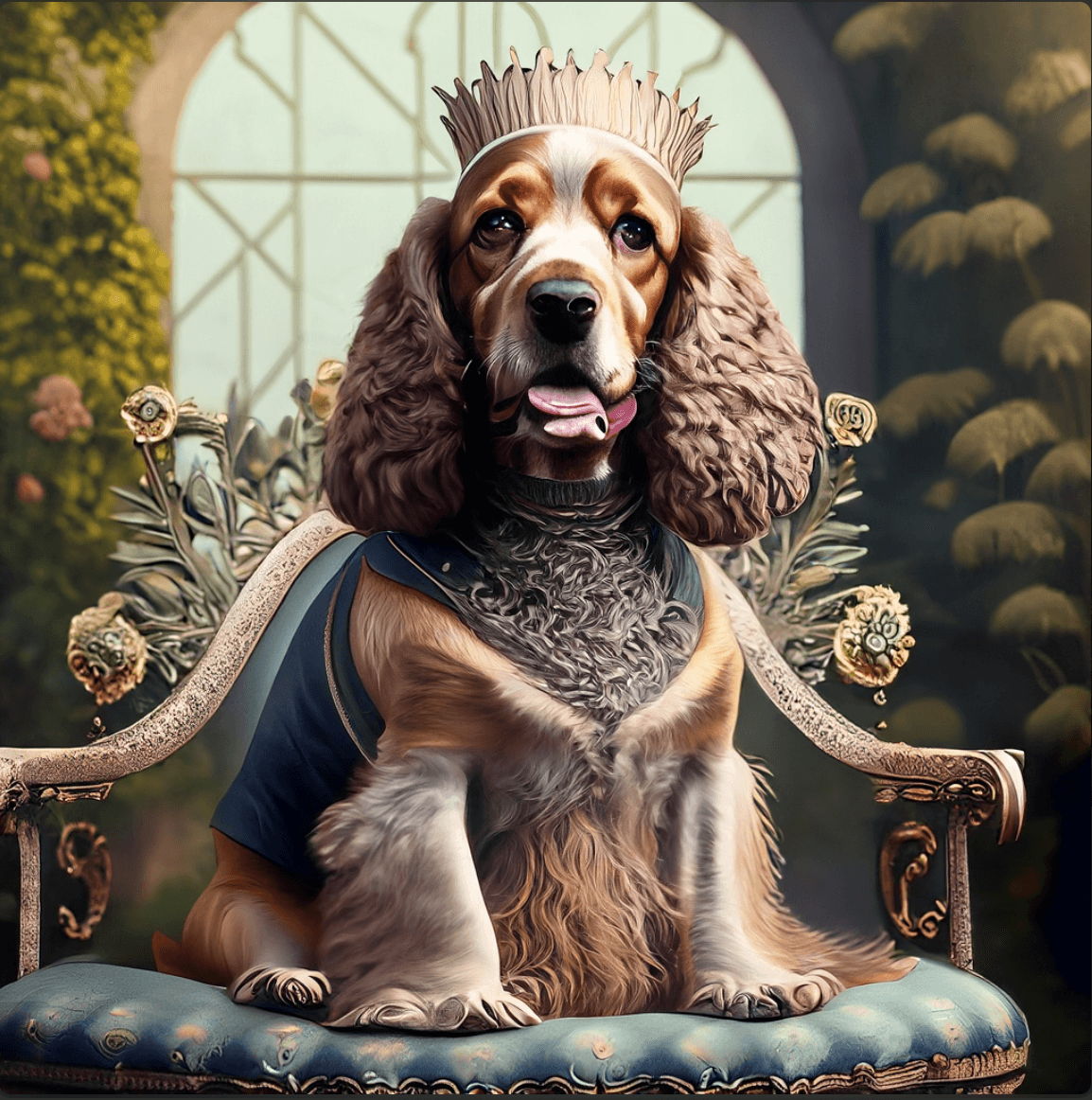 AI generated: Cocker Spaniel sitting on an iridescent  throne, avant-garde fashion , Bohemian, chic, elegance,  ju...