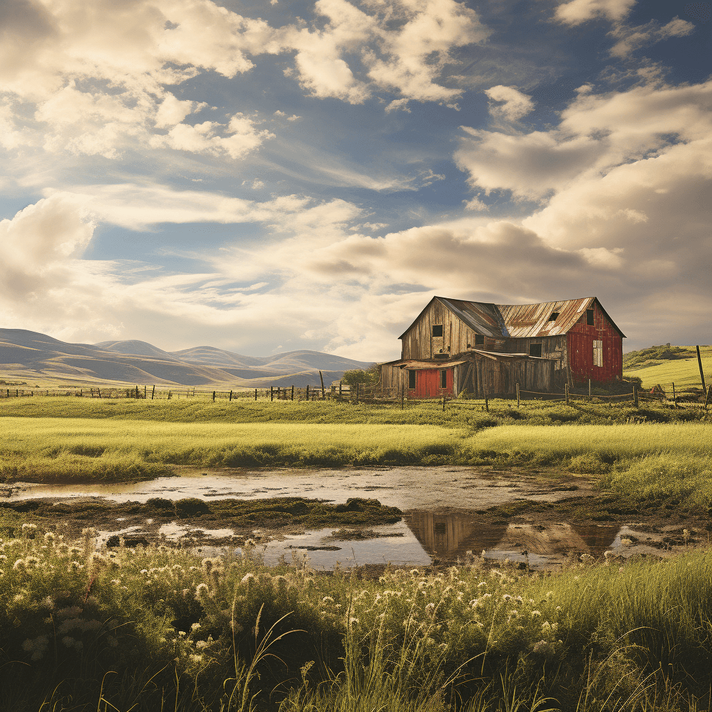 AI generated: Rustic countryside barns against rolling hills, blurred, HD, realistic photo, vivid colors