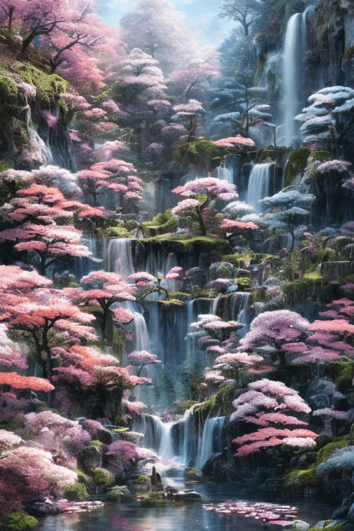 AI generated: long range view, Beautiful Japanese flower garden, waterfalls, pink and white, by Akihito Yoshida, I...