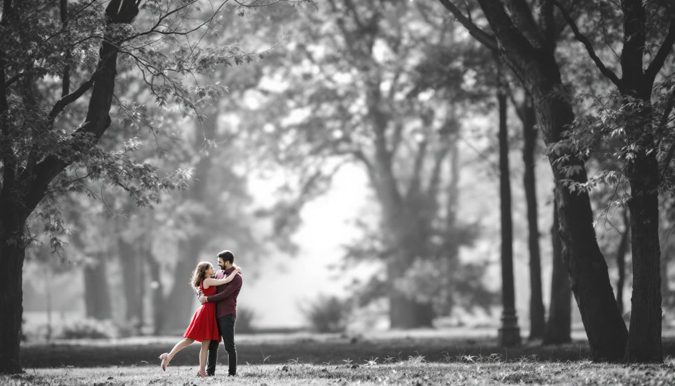 AI generated: a man holds his beloved girl in a red dress, who hugged him with her arms and legs