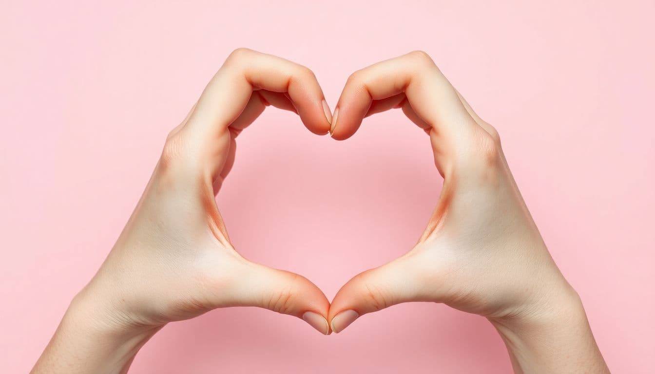 AI generated: Heart shape made with hands, soft pink background, skin tones, gentle gesture, love symbol, minimali...