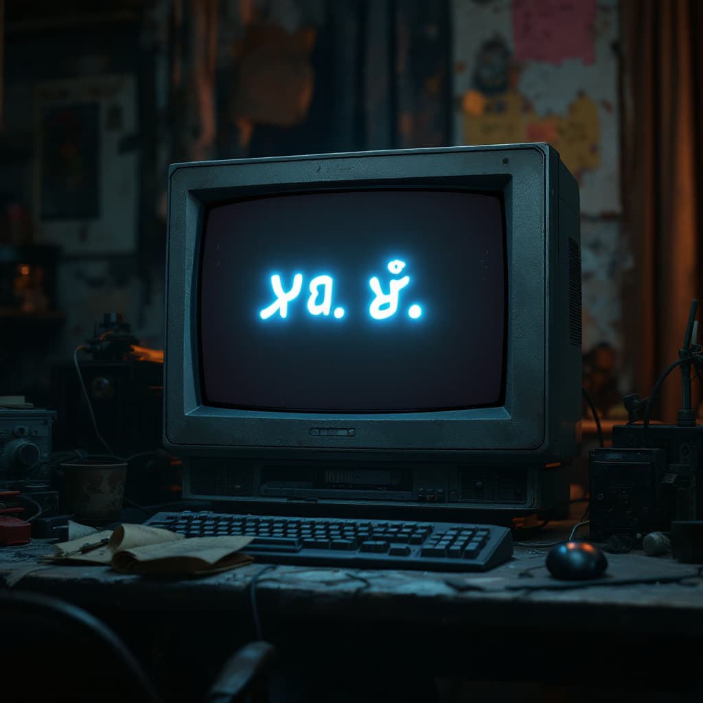 AI generated: detailed cinematic dof render of an old dusty detailed CRT monitor on a wooden desk in a dim room wi...