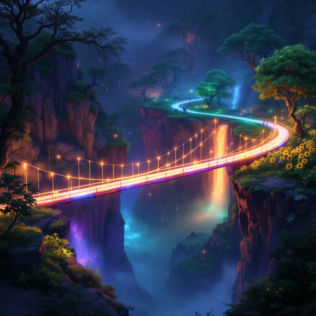 AI generated: 
"Create an photorealistic pictue of a bridge made entirely out of glowing, colorful lights that con...