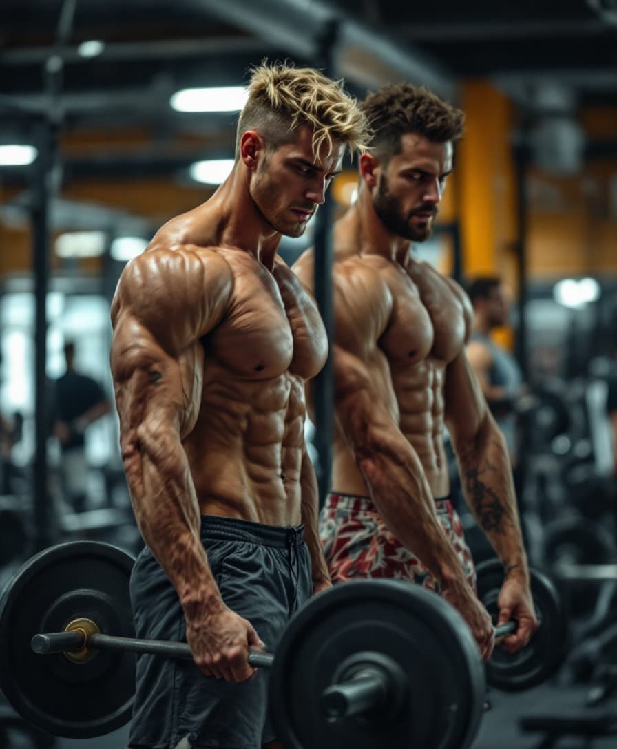 AI generated: high-resolution photo of two men lifting weights, they are in love, two  muscular, handsome young me...