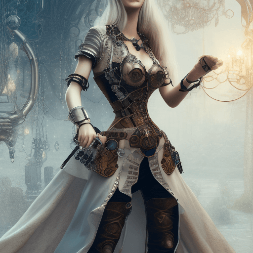 AI generated: create image of woman, face style european woman, style Very beautiful Steampunk lady, long silver h...