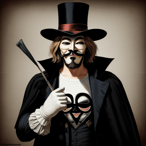 AI generated:  features a person wearing a Guy Fawkes mask, also known as the V for Vendetta mask, and a t-shirt w...