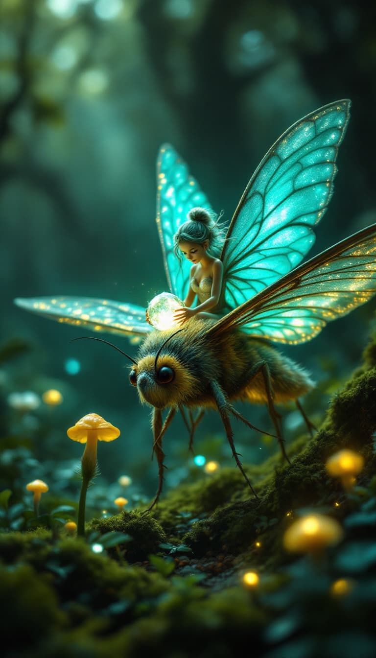 AI generated: A whimsical, hyper-realistic macro photograph of a pixie with sparkling turquoise wings riding a gia...