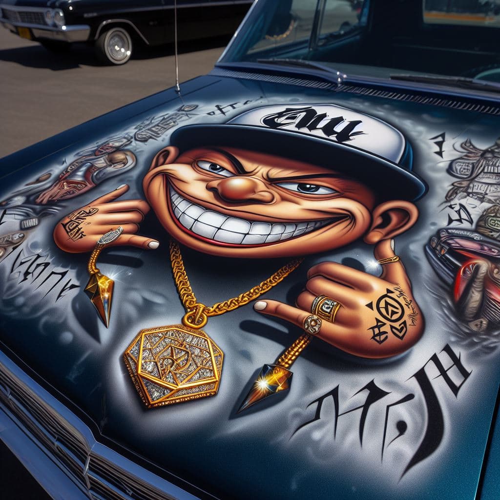 AI generated: A graphics design airbrushed paintjob on the HOOD of a 1964 Lowrider Impala showcases what some call...