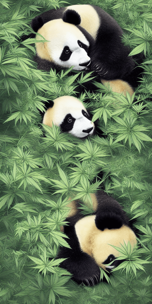 AI generated: beautiful aesthetic digital illustration of a relaxed panda surrounded by an endless forest of weed ...