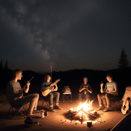 AI generated: 4 friend sitting around the campfire. One with the guitar, second with the cup of coffee, third with...