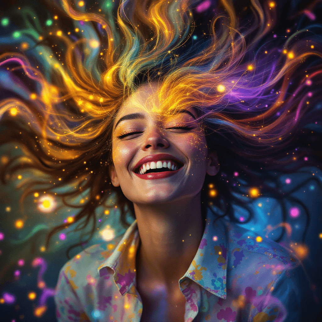 AI generated: Prompt 12: "A photorealistic portrait of a woman with an almost radiant joy expressed through her ha...