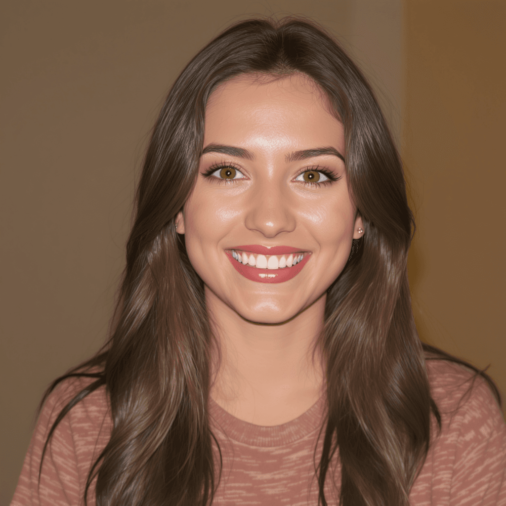 AI generated: A 21 year old woman facial portrait image with stunning long brunette hair. her hazel eyes sparkling...
