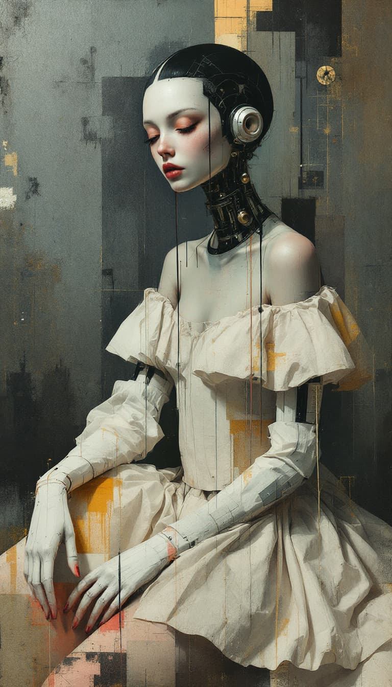 AI generated: Mixed media artwork + Emotional cyborg girl + Elegant dress, In the style of surrealist expressionis...