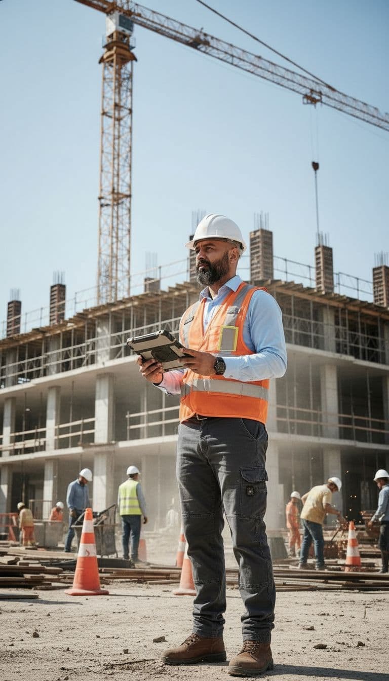 AI generated: A professional site engineer is standing at an active construction site during a routine site visit....