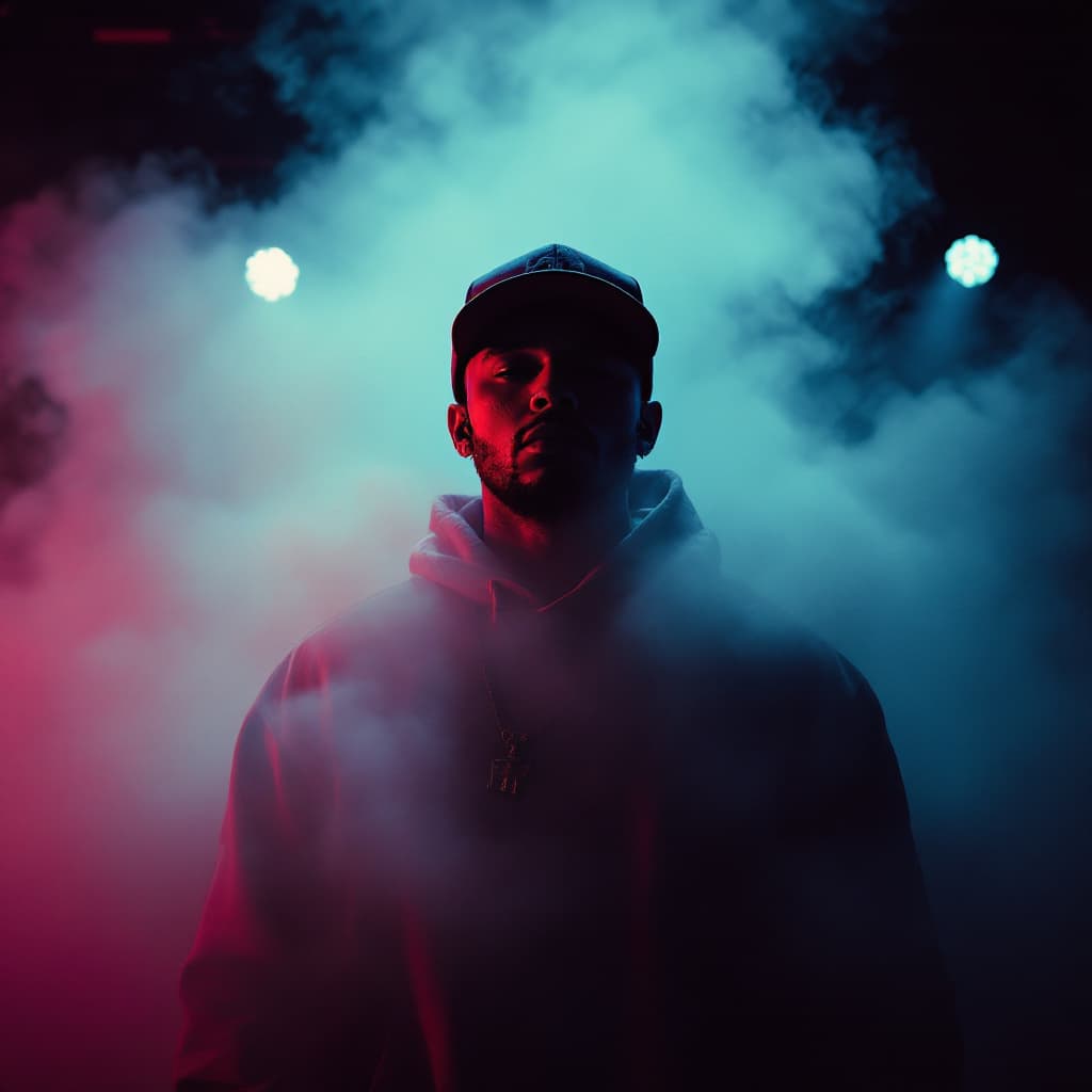 AI generated: color photography of white-skinned rapper in baseball cap emerging from fog on stage during concert,...