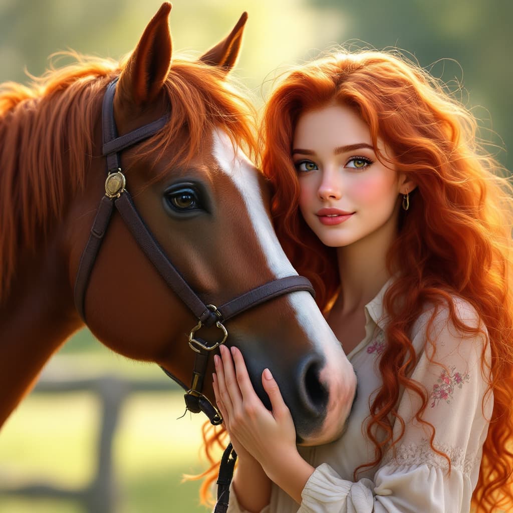 AI generated: beautiful, perfect realistic woman, 22 years old, long red hair, slightly curly, in front of horse h...