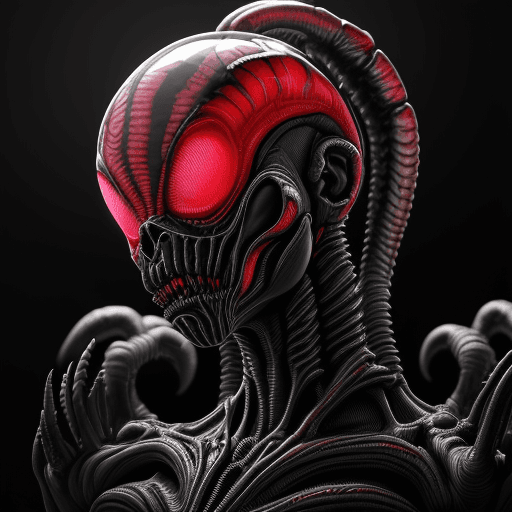AI generated: a funky background in a complex bone frame a intimidating Xenomorph rfktrstyle 4d headshot looking a...