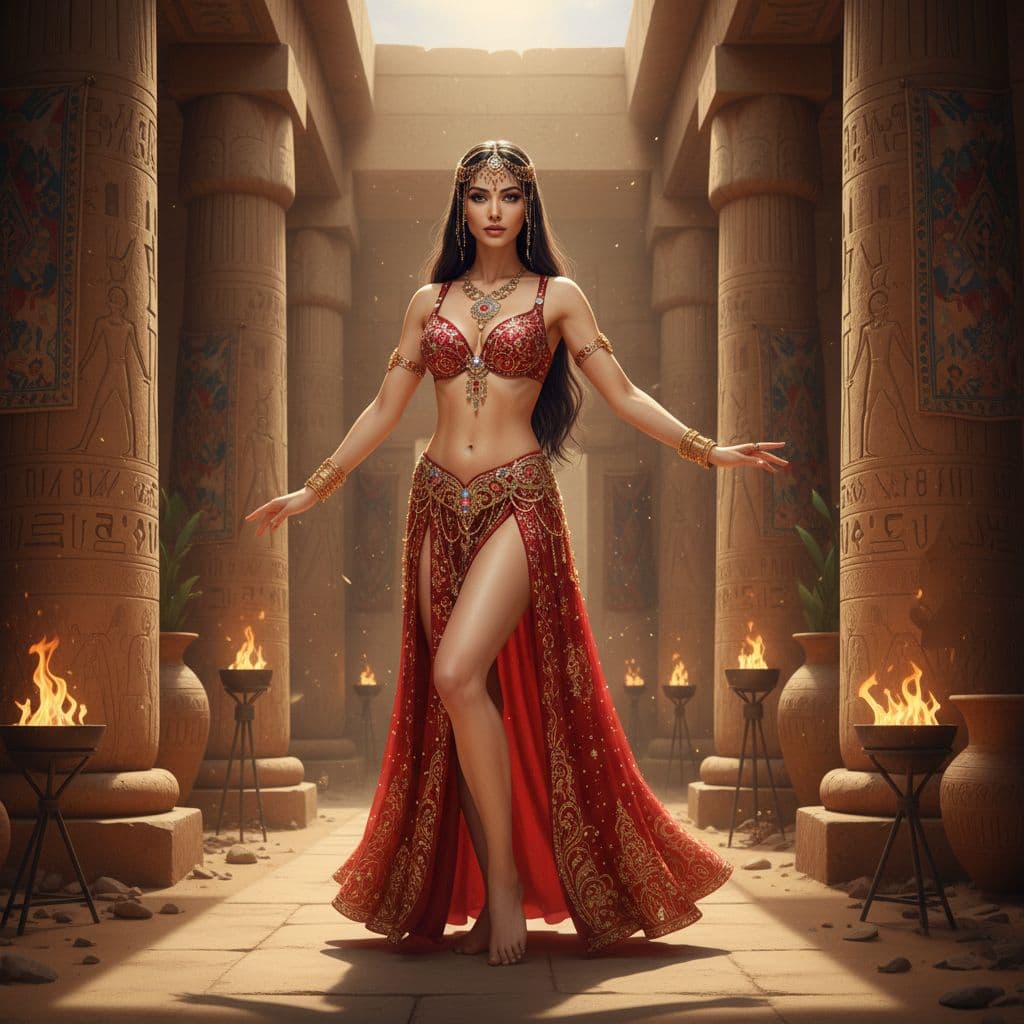 AI generated: In a vibrant desert temple adorned with ornate columns, stands a woman of exquisite beauty, her pres...