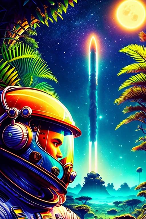 AI generated: spaceman on (safari), space jungle, neon style, Hand drawn, atmospheric 4k ultra detailed, cinematic...