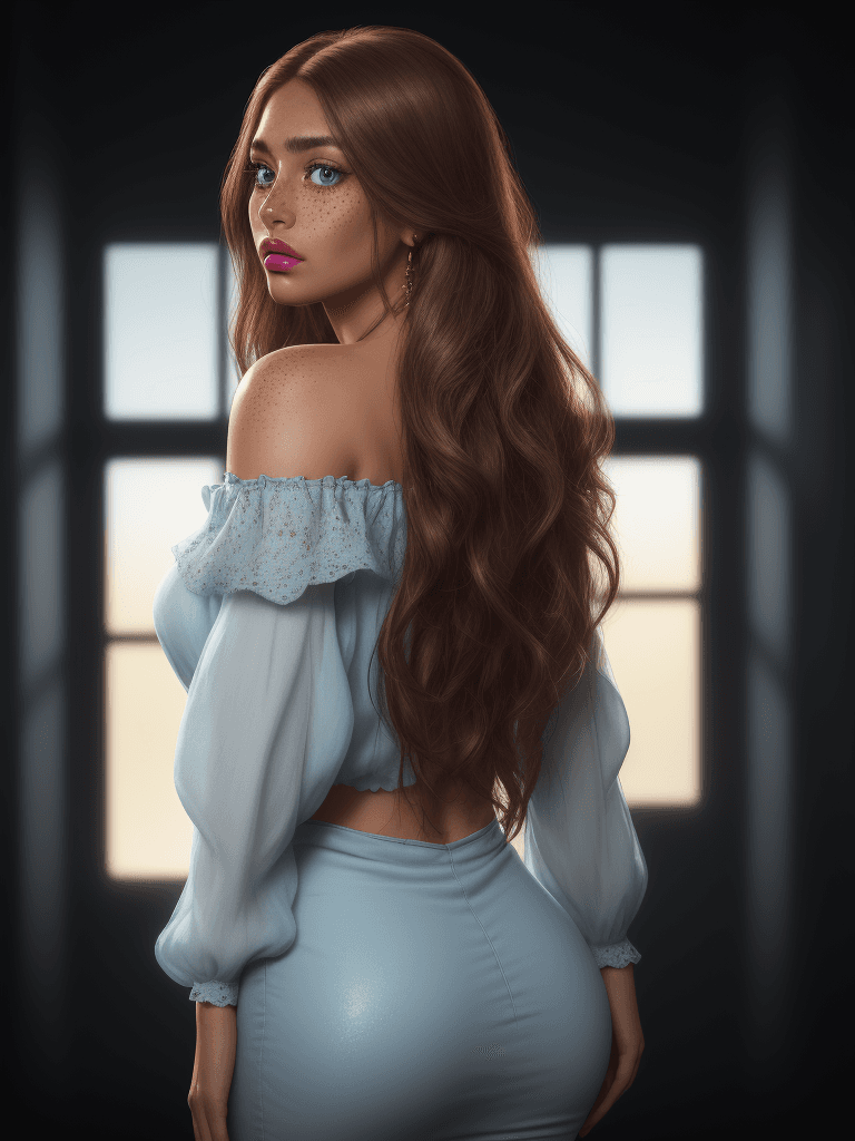 AI generated: HDR photo of beautiful realistic young latina woman, from behind, looking over her shoulder, long br...
