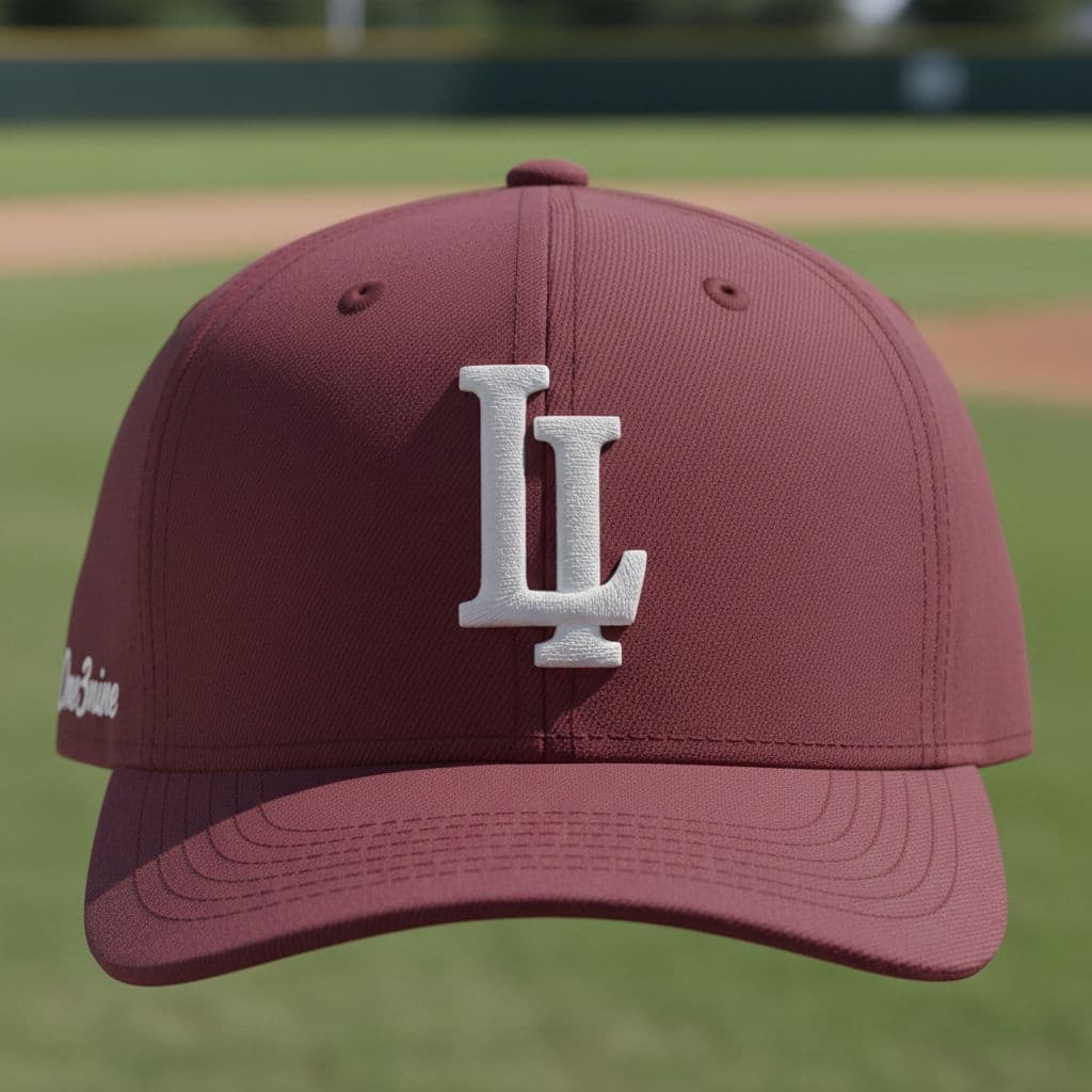 AI generated: burgundy baseball hat with a L I logo stitched in the middle of the hat. The capital letter L is sti...