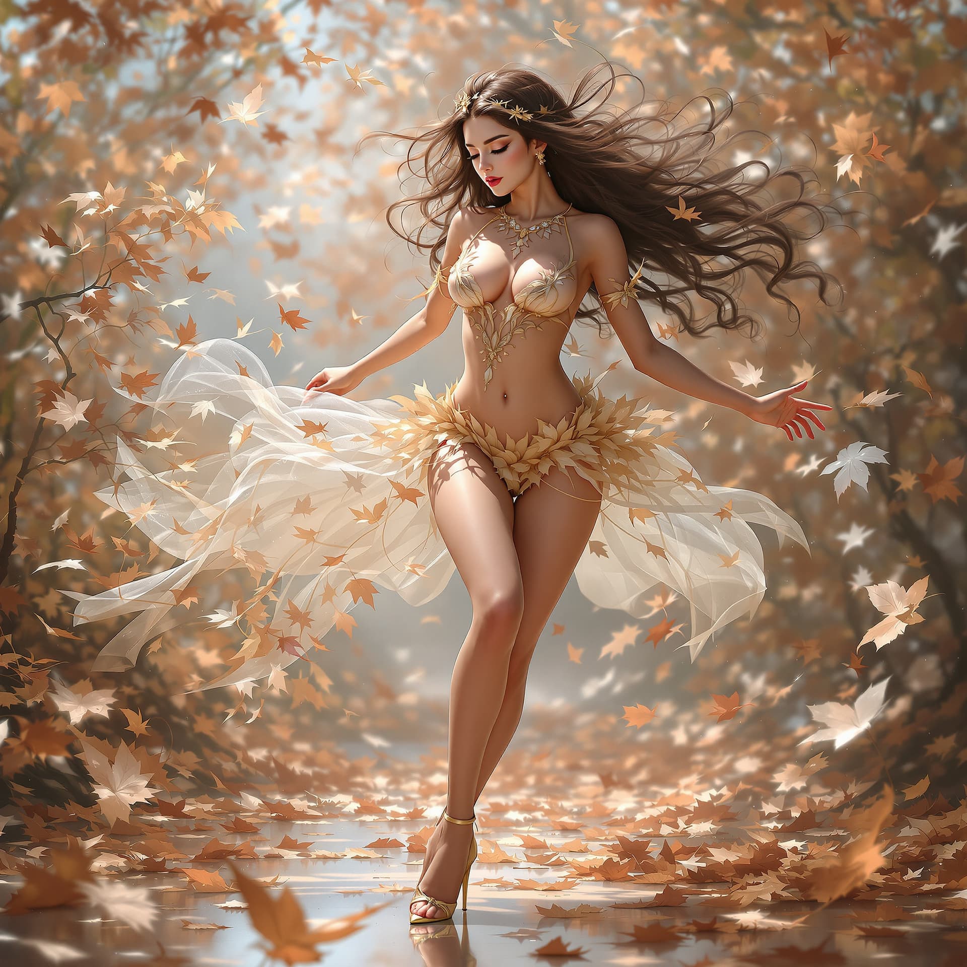 AI generated: caucasian brunette female , (high heels) , she in mini clothes made (( autunn leaves)), (dancing), e...
