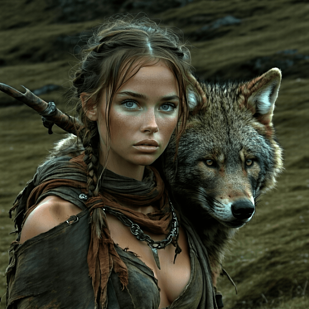 AI generated: A solitary beast master, her form blending with the wild nature of the world around her and her eyes...
