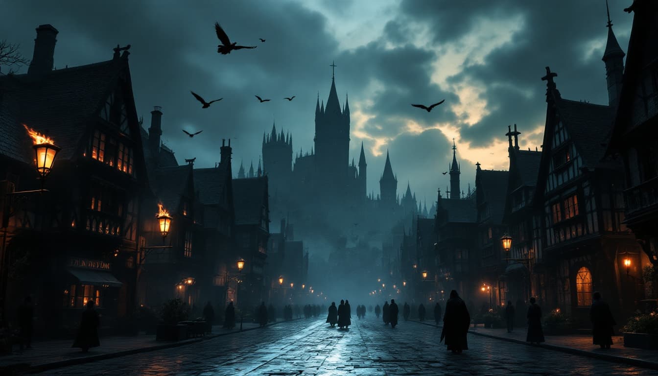 AI generated: a medieval fantasy scene with a wide-angle perspective, showcasing a dark and moody atmosphere. The ...