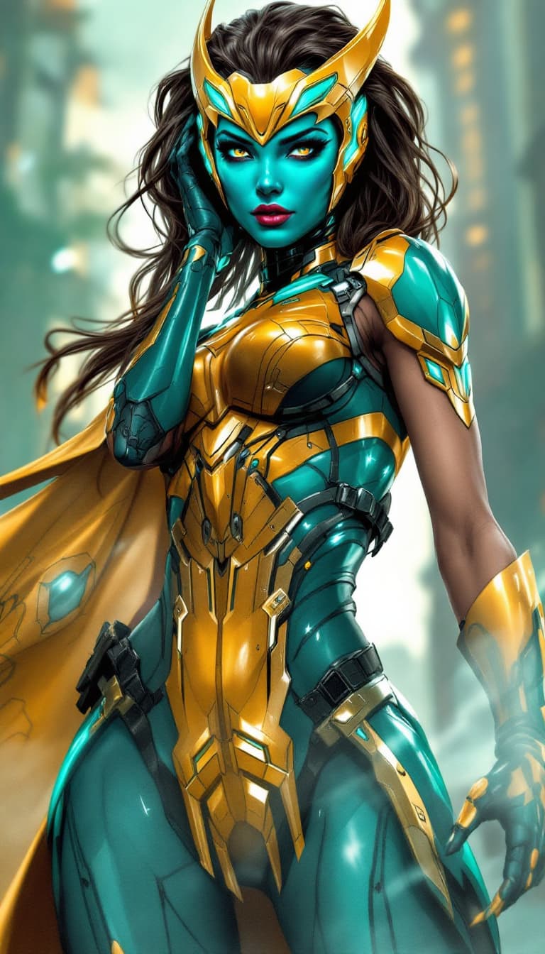 AI generated: A cybernetic female heroine with a vibrant, turquoise face, a captivating fusion of Bumblebee, Vixen...