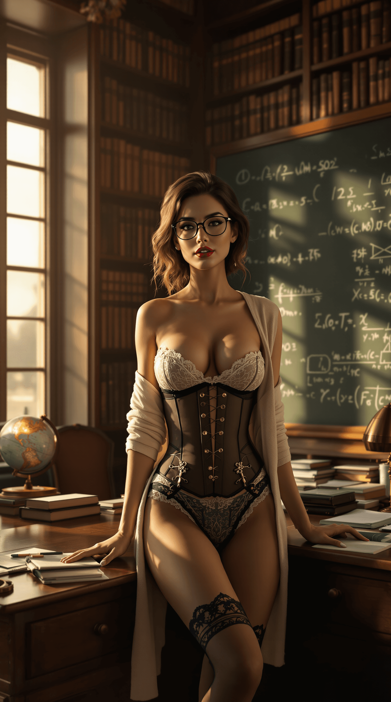 AI generated: a sophisticated and confident female teacher in a vintage-style classroom, surrounded by towering bo...