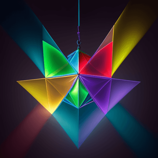 AI generated: light magic manifested through 5 flying prisms: blue, red, yellow, green and purple