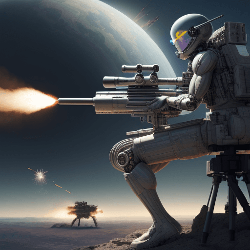 AI generated: 50 caliber machine gun firing off hundreds of rounds being held by a bright silver cyborg across a v...