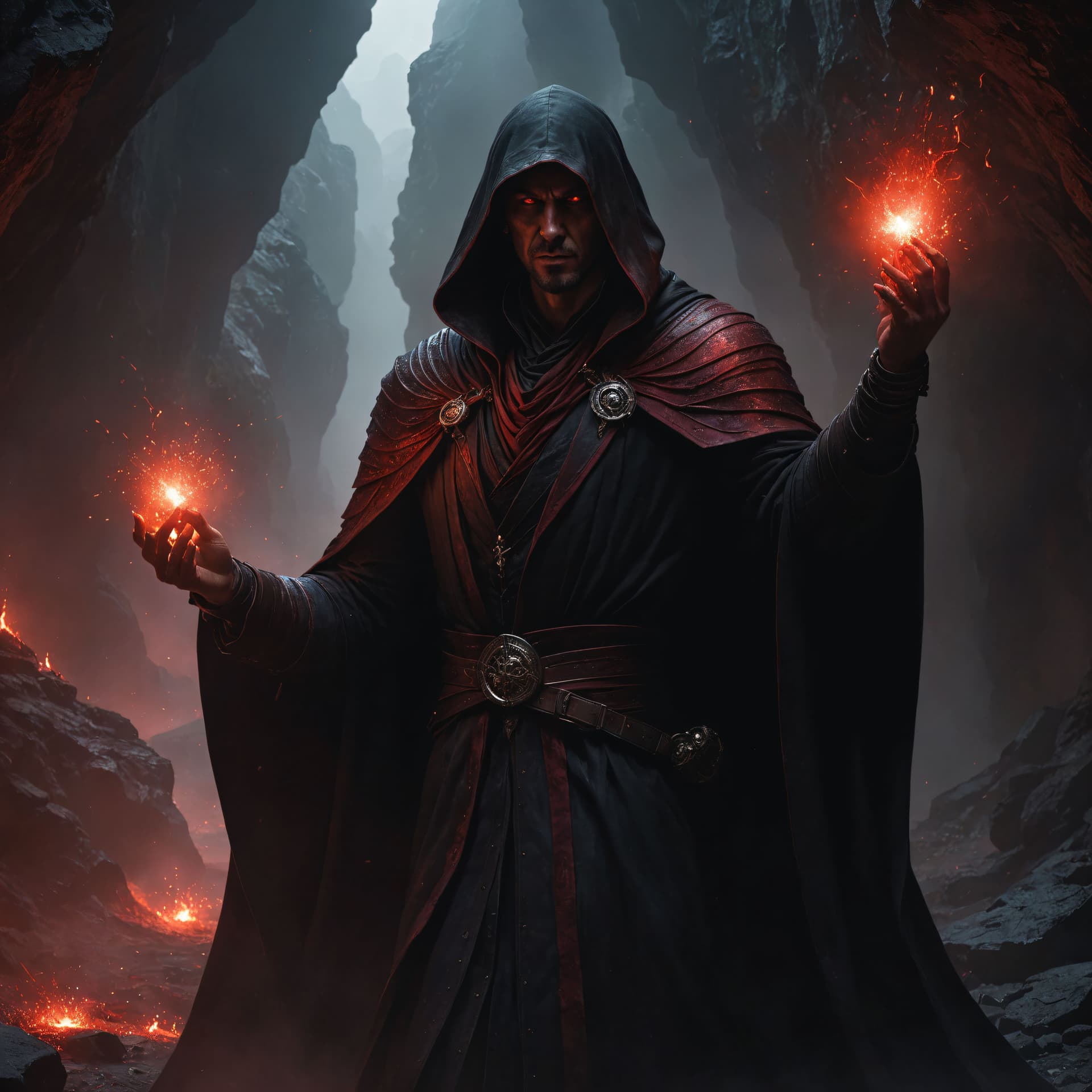 AI generated: breathtaking concept art ((legendary dark mage lord)), black coat, (cave scenery) , dark atmosphere ...