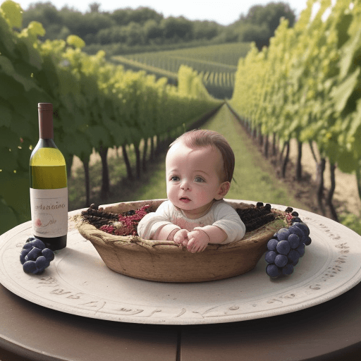 AI generated: bébé sanglier dans un plat. décor dans les vignes. des gens sont attablés. il y a du vin sur la tabl...