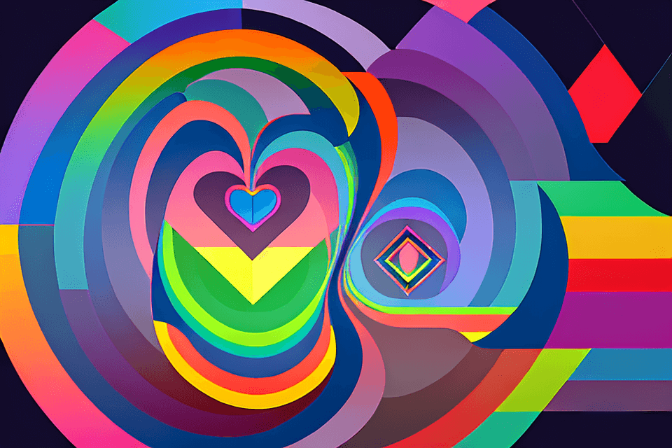 AI generated: Heart shape Bauhaus, Rainbow geometric architectures blend with organic shapes, Pop Surrealism, Esse...