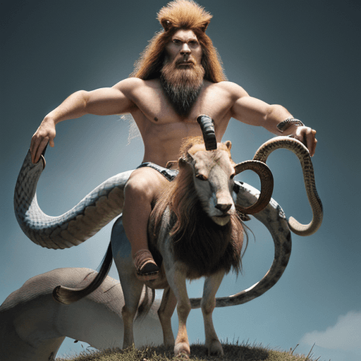 AI generated: His head is horse-like. He has a deer antler on the right, a blue goat horn on the left, one long fa...