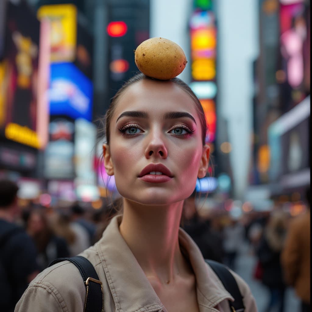 AI generated: A photo model in Times square with one small potato on her head.