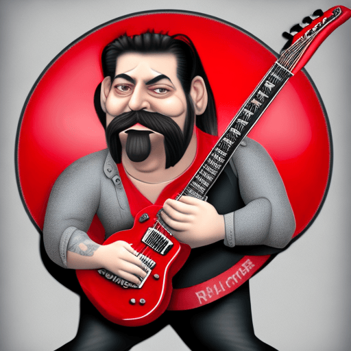 AI generated: 3D caricature of a man with short van dyke beard with tattoos playing a full red les paul guitar