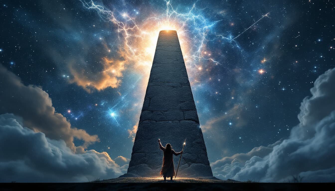 AI generated:  Low-Angle Shot (Deep Depth of Field)
A towering stone pillar in the foreground, stretching toward t...