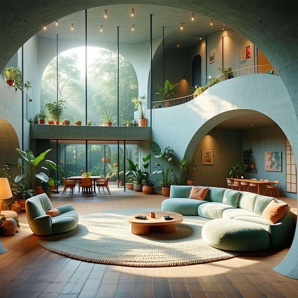 AI generated: High resolution photography interior design, dreamy sunken living room conversation pit, wooden floo...