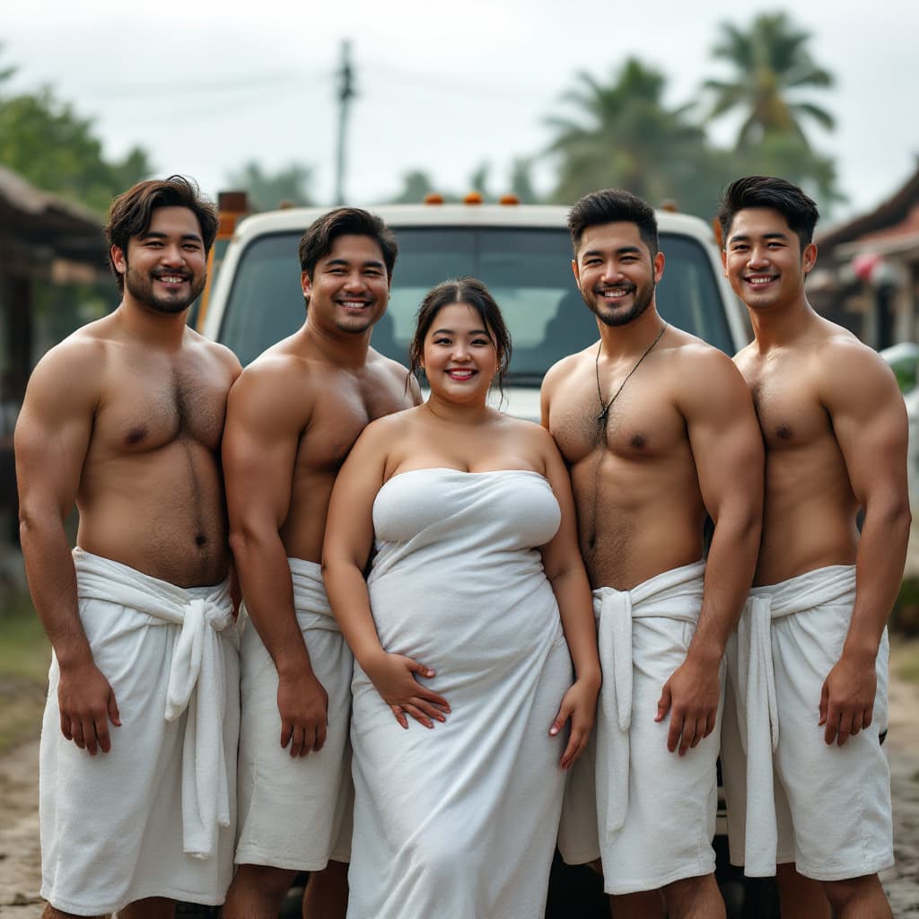 AI generated: A indonesian a bit fat woman and 4 Korean men, posing in front of a truck at village square in farmv...