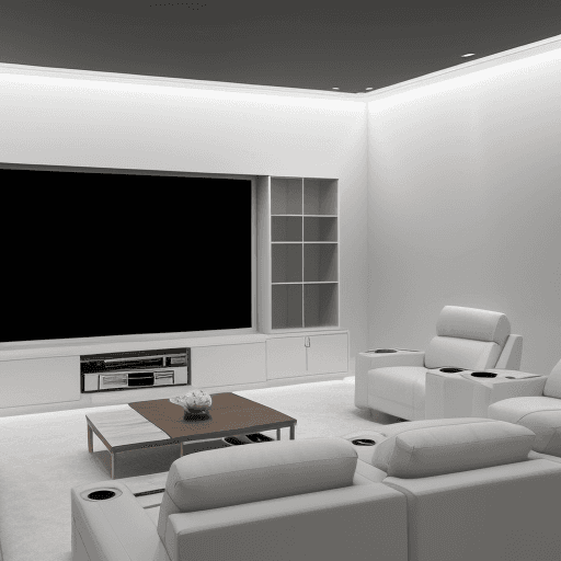 AI generated: all white, 3d render, cutout view of a high-end home theater with cutting edge electronics, large sp...