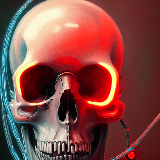AI generated: artwork of a cyberpunk skull, looking at viewer, skull centered in image, metal cables all around fe...