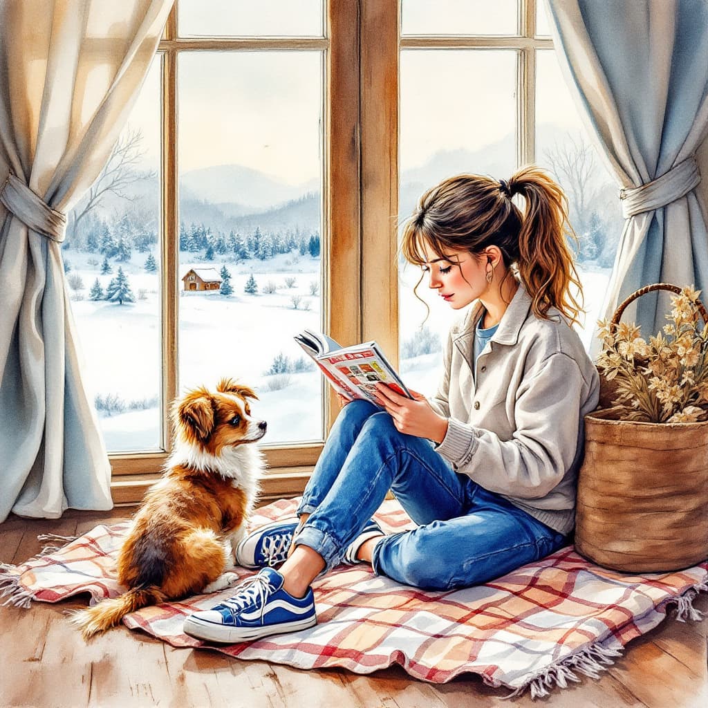 AI generated: Watercolor, alcohol ink painting, of a girl, hair tied in a ponytail, wearing blue jeans, sneakers, ...
