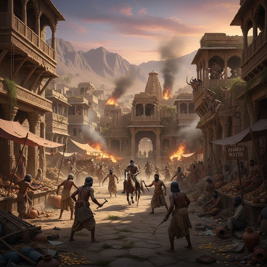AI generated: an image of the vedic ancient city where rogues and thieves are creating chaos due to lack of law an...