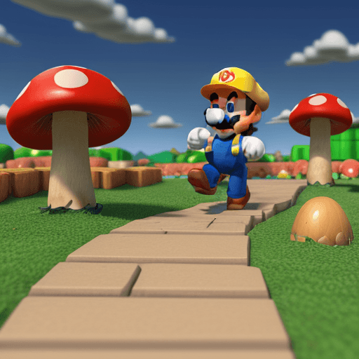 AI generated: Super-Mario running, Mushroom Kingdom background, 32k, closeup, trending on poltcount 3D, game --v 5...