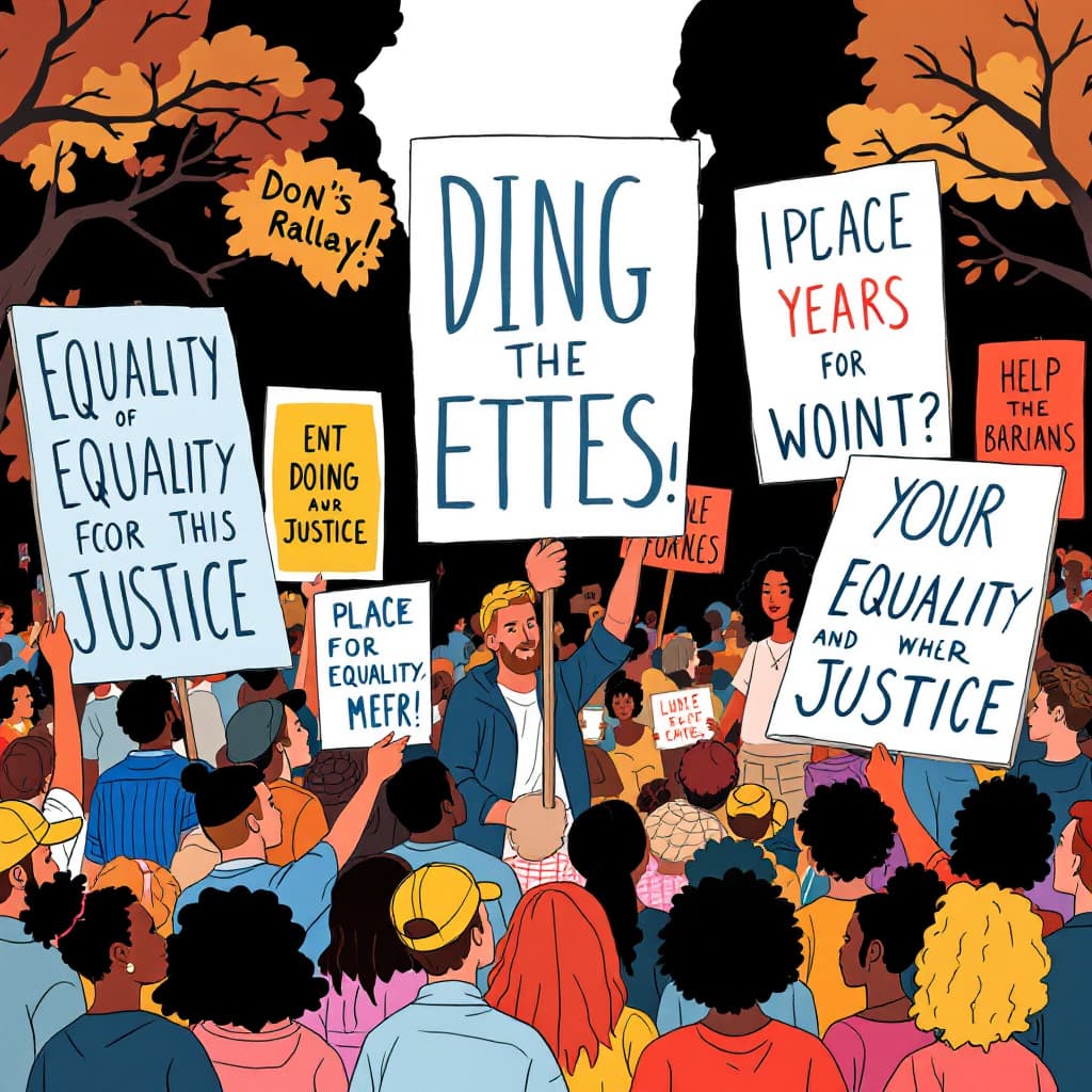 AI generated: 20240728153957list 2 Lofi illustration of a community rally with people holding 6 big posters advoca...
